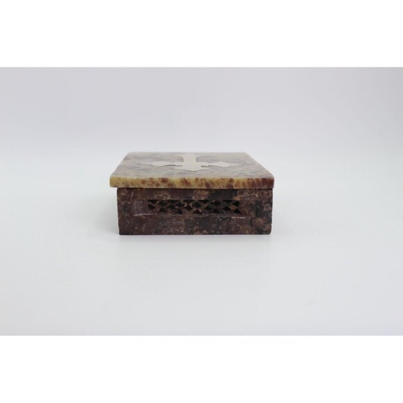 Religious Gift, Stone Trinket Box with Brass Cross Inlay, 4x3" - Picture 6 of 11